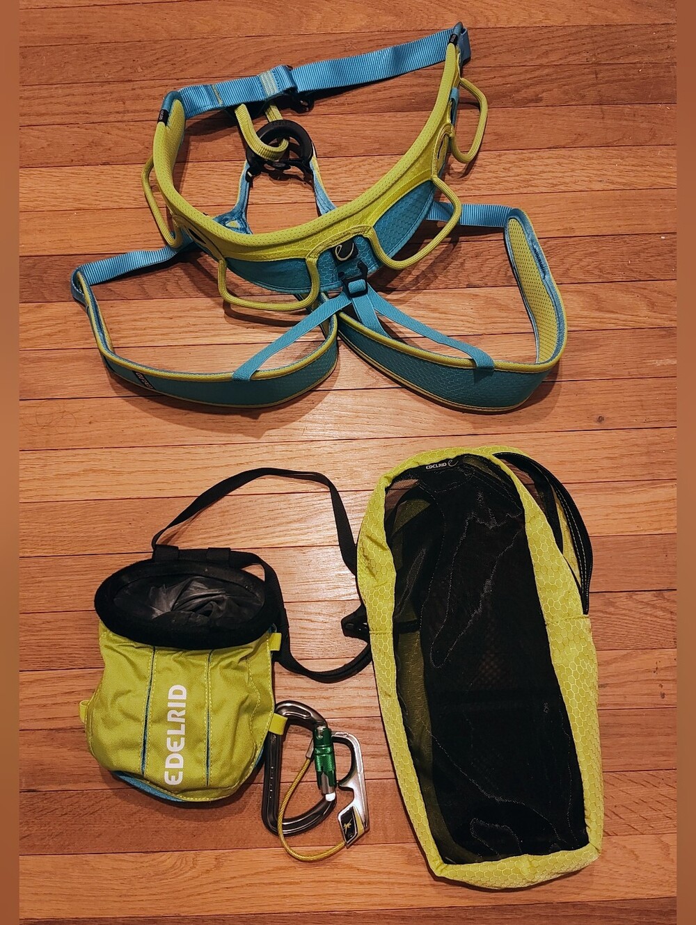 Edelrid Kit, size S Lime & Blue Jayne II Harness, Chalk Bag, JUL 2 Belay Device